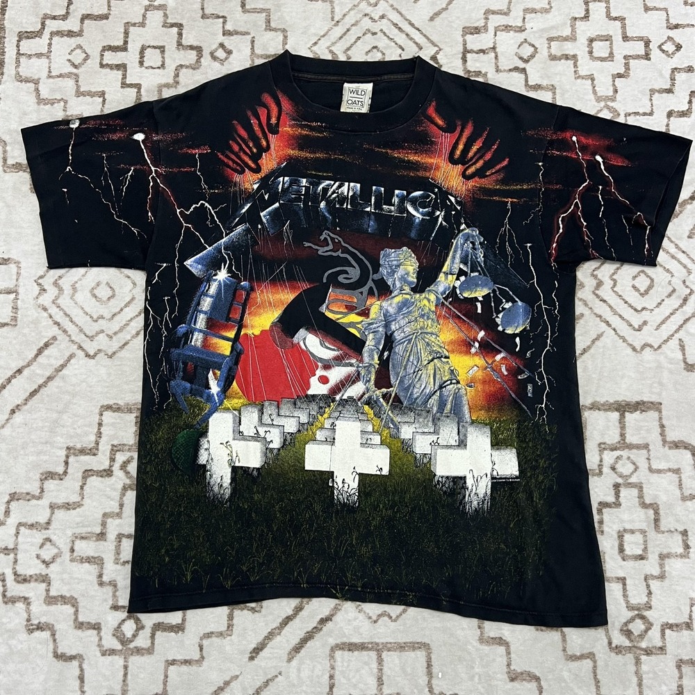 Vintage Metallica Shirt Mens Large Black All Over Print Wild Oats 1991 90s